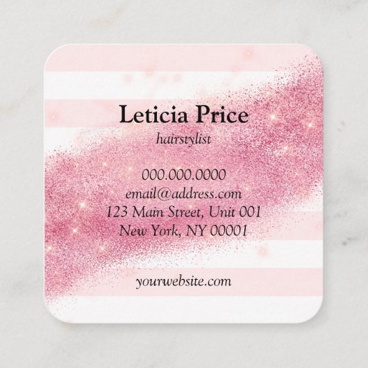 Elegant roze roze goud glitter striphaar vierkante visitekaartje (Achterkant)