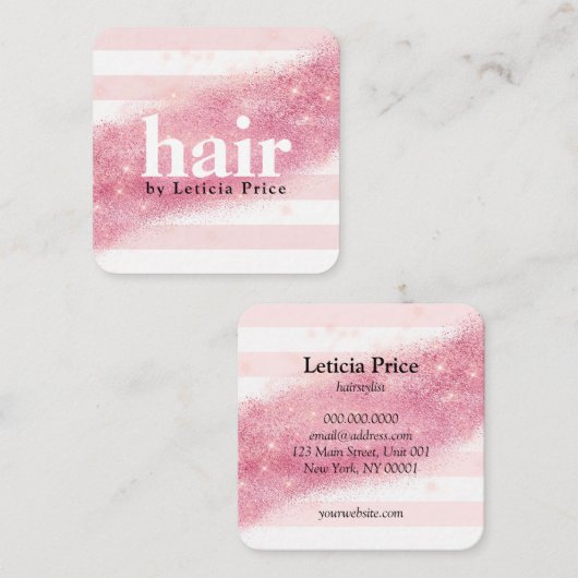 Elegant roze roze goud glitter striphaar vierkante visitekaartje (Voorkant / Achterkant)