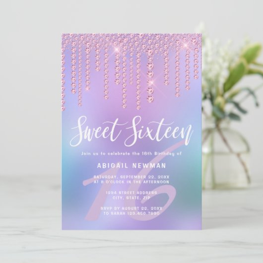 Elegant roze roze gouddiamant druppelt zoet zestie kaart (Staand voorkant)