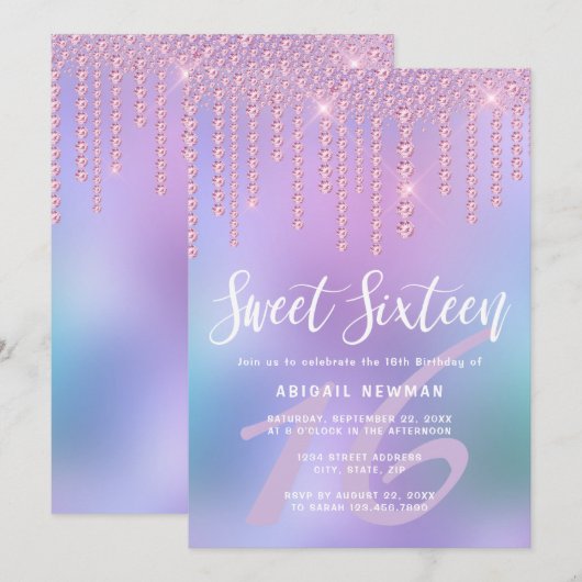 Elegant roze roze gouddiamant druppelt zoet zestie kaart (Voorkant / Achterkant)