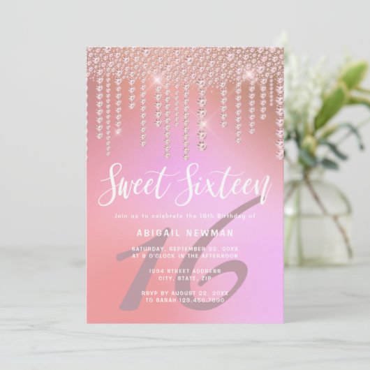 Elegant roze roze gouddiamant druppelt zoet zestie kaart (Staand voorkant)