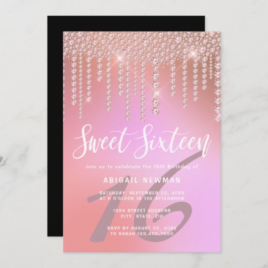 Elegant roze roze gouddiamant druppelt zoet zestie kaart (Voorkant / Achterkant)