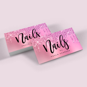 Elegant roze roze goudglitter druppelt spijkers  visitekaartje