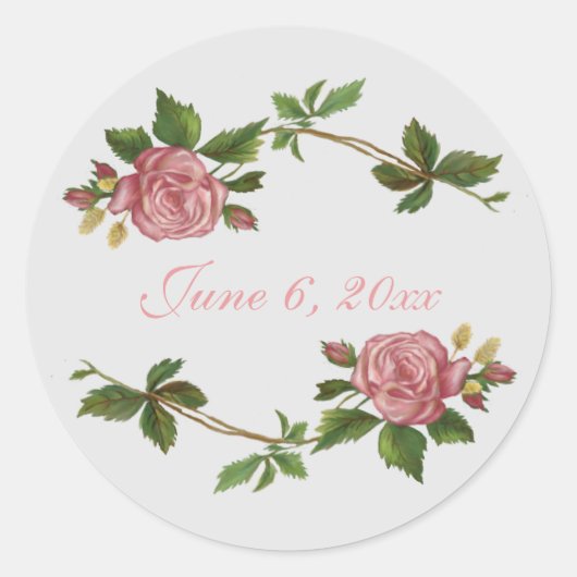 Elegant  Roze Roze met Datum Ronde Sticker (Voorkant)