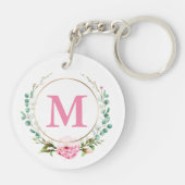 Elegant Roze Roze Monogram Floral met acryl Sleutelhanger (Achterkant)