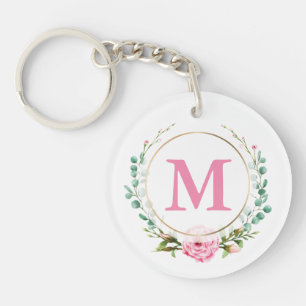 Elegant Roze Roze Monogram Floral met acryl Sleutelhanger