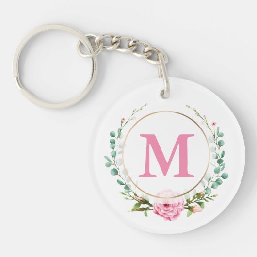 Elegant Roze Roze Monogram Floral met acryl Sleutelhanger (Voorkant)
