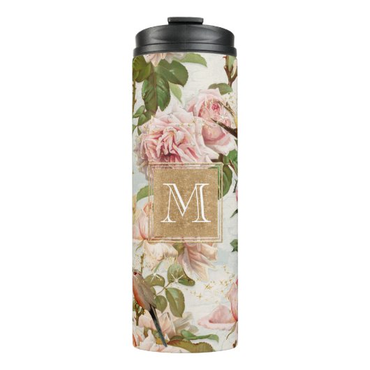  Elegant Roze Roze Peony Floral Monogram Thermosbeker (Voorkant)