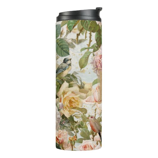  Elegant Roze Roze Peony Floral Monogram Thermosbeker (Gedraaid links)