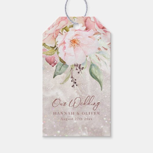 Elegant Roze Roze Pioen Bloemen Marmer Bruiloft Cadeaulabel (Voorkant)