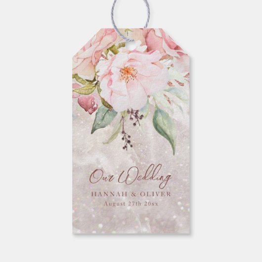 Elegant Roze Roze Pioen Bloemen Marmer Bruiloft Cadeaulabel (Achterkant)