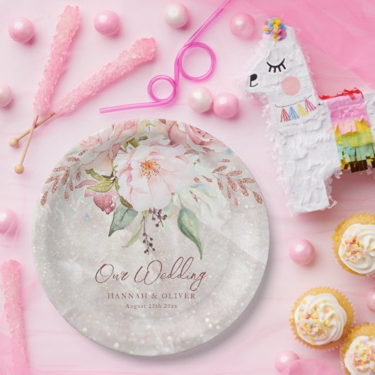 Elegant Roze Roze Pioen Bloemen Marmer Bruiloft Papieren Bordje (Feest)