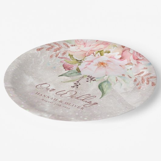 Elegant Roze Roze Pioen Bloemen Marmer Bruiloft Papieren Bordje (Gekanteld)