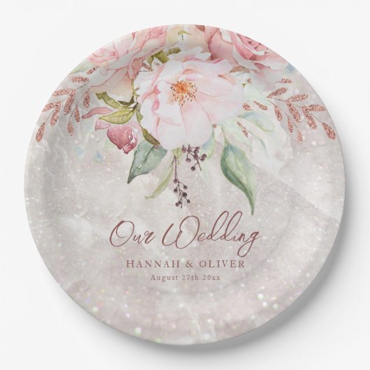 Elegant Roze Roze Pioen Bloemen Marmer Bruiloft Papieren Bordje (Voorkant)