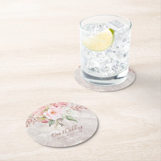 Elegant Roze Roze Pioen Bloemen Marmer Bruiloft Ronde Kartonnen Onderzetter (Insitu)