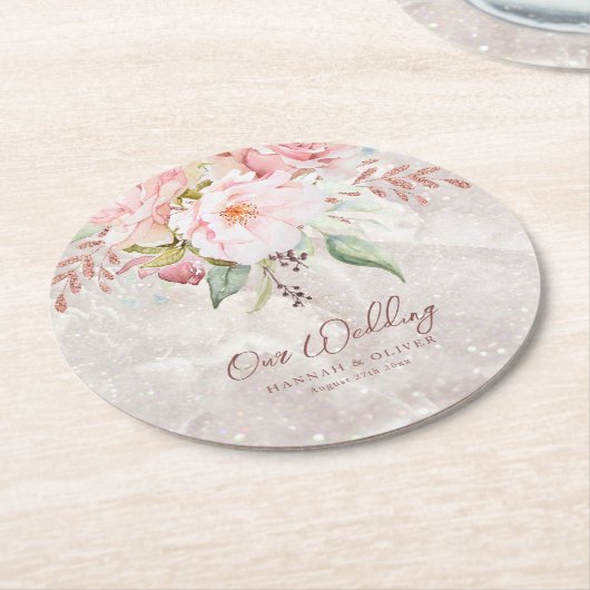 Elegant Roze Roze Pioen Bloemen Marmer Bruiloft Ronde Kartonnen Onderzetter (Gebogen)