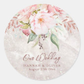 Elegant Roze Roze Pioen Bloemen Marmer Bruiloft Ronde Sticker (Voorkant)
