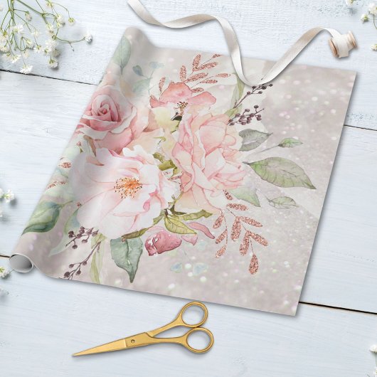 Elegant Roze Roze Pioen Bloemen Marmer Glitter Cadeaupapier