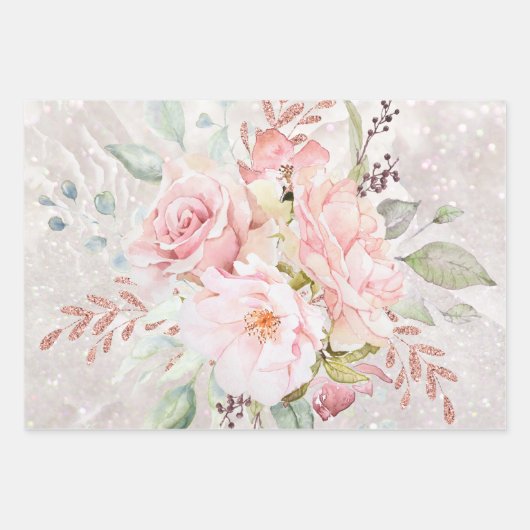 Elegant Roze Roze Pioen Bloemen Marmer Glitter Inpakpapier Vel (Voorkant 2)