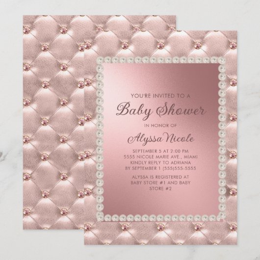 Elegant roze roze rode witte parels Baby shower in Kaart (Voorkant / Achterkant)
