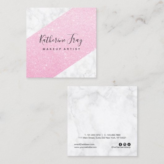 Elegant roze roze roos goud glitter witte marmer m vierkante visitekaartje (Voorkant / Achterkant)