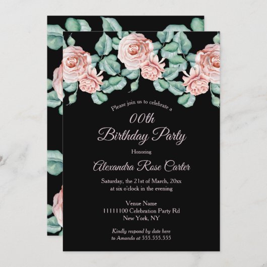Elegant roze roze roos zwarte flora Birthday Party Kaart (Voorkant / Achterkant)