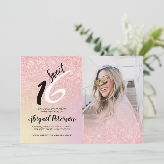 Elegant roze roze roze goud glitter ombre zestien kaart (Staand voorkant)