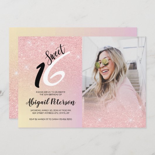 Elegant roze roze roze goud glitter ombre zestien kaart (Voorkant / Achterkant)