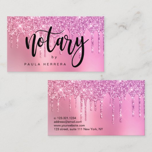Elegant roze roze roze goudglitter druppelt notari visitekaartje (Voorkant / Achterkant)