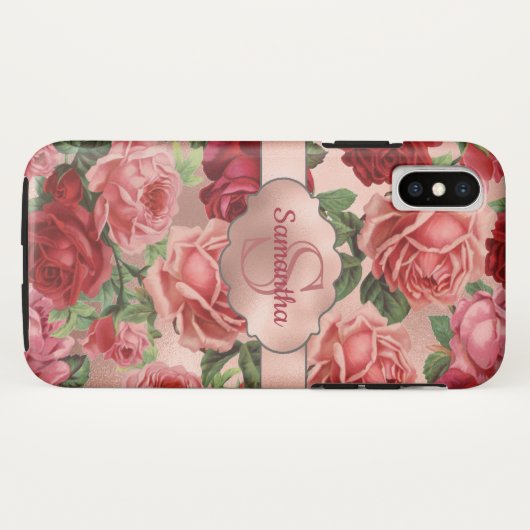 Elegant roze roze rozen bloemen monogrammen Case-Mate iPhone case (Achterkant (horizontaal))