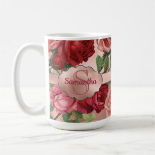 Elegant  roze roze rozen bloemen monogrammen koffiemok