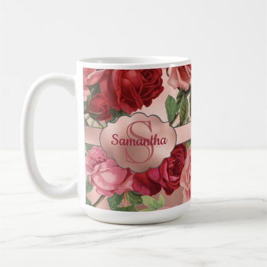 Elegant  roze roze rozen bloemen monogrammen koffiemok (Links)