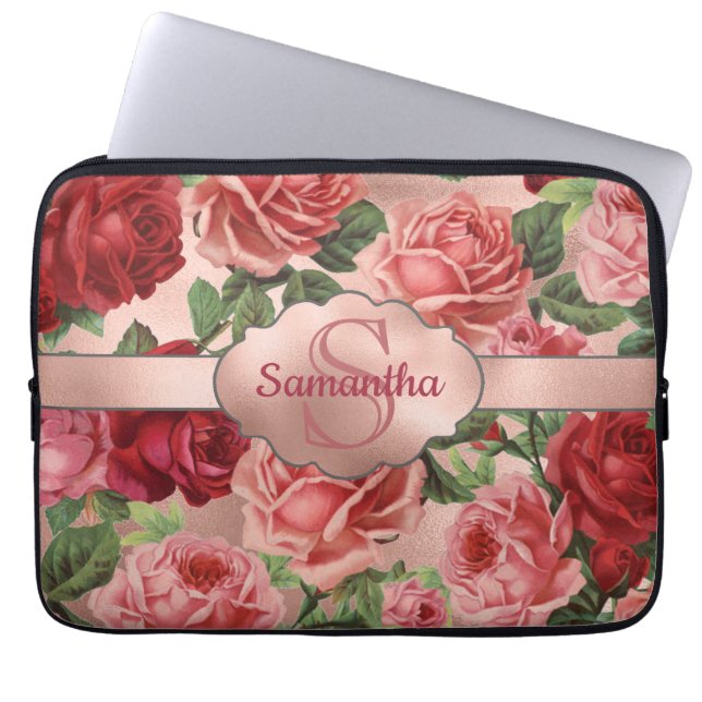 Elegant  roze roze rozen bloemen monogrammen laptop sleeve (Voorkant)