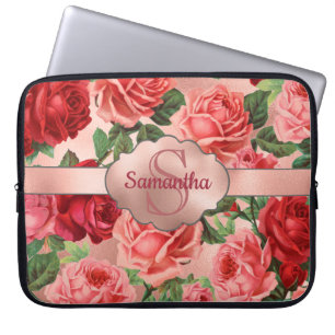 Elegant  roze roze rozen bloemen monogrammen laptop sleeve