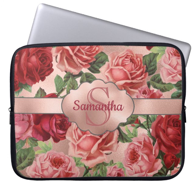 Elegant  roze roze rozen bloemen monogrammen laptop sleeve (Voorkant)