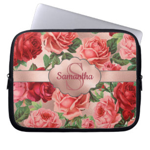 Elegant  roze roze rozen bloemen monogrammen laptop sleeve