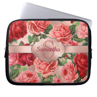 Elegant  roze roze rozen bloemen monogrammen laptop sleeve