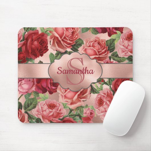 Elegant  roze roze rozen bloemen monogrammen muismat (Met muis)