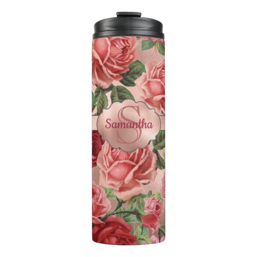 Elegant  roze roze rozen bloemen monogrammen thermosbeker (Voorkant)