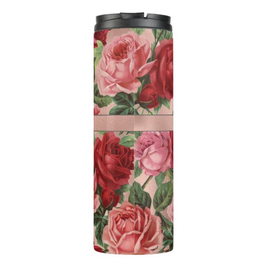 Elegant  roze roze rozen bloemen monogrammen thermosbeker (Achterkant)