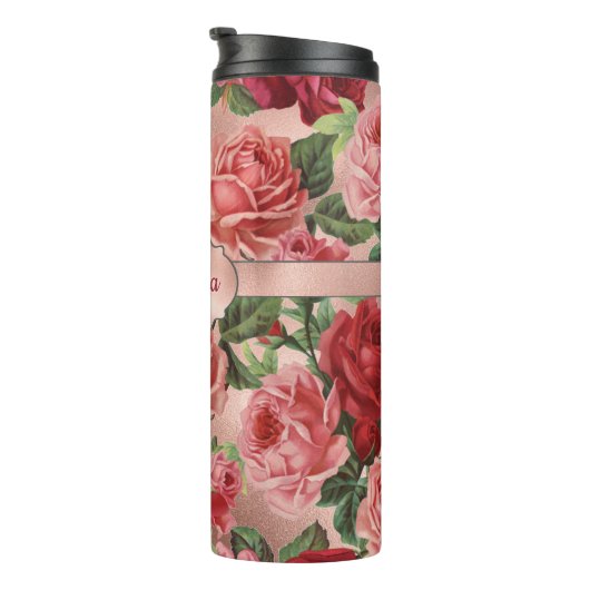 Elegant  roze roze rozen bloemen monogrammen thermosbeker (Geroteerd rechts)