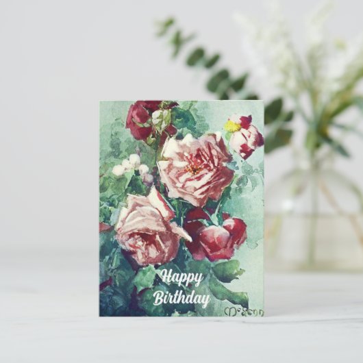 Elegant  roze roze rozen Waterverf schilderen Briefkaart (Staand voorkant)