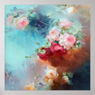 Elegant  roze roze rozen Waterverf schilderen Poster