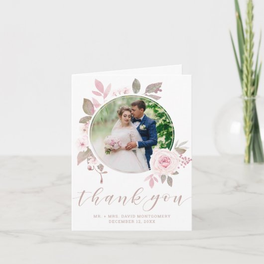 Elegant roze roze Waterverf Floral Weddenschap Fot Bedankkaart (Voorkant)