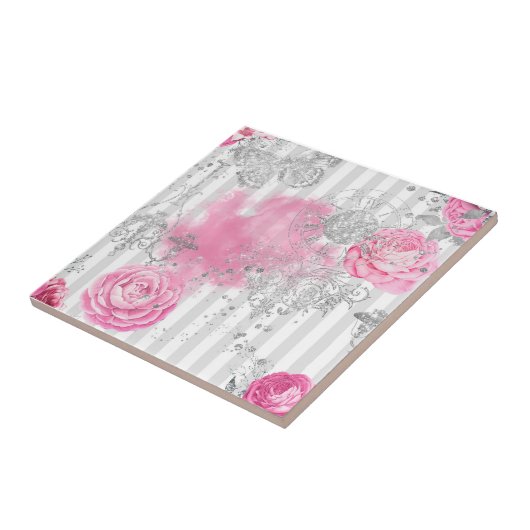 Elegant  Roze Roze Zilver Glitter Vlinder Tegeltje (Zijkant)