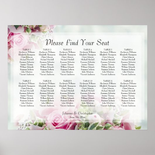 Elegant roze rozen 12 Tafel - bruiloft Poster (Voorkant)