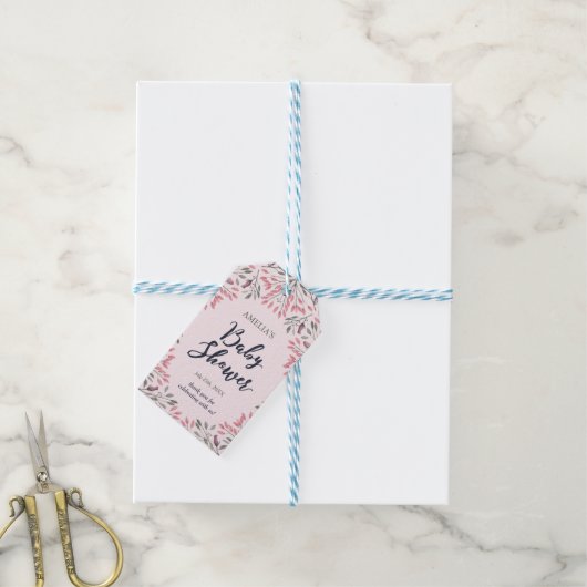 Elegant roze rozen Baby shower Cadeaulabel (Met Touw)