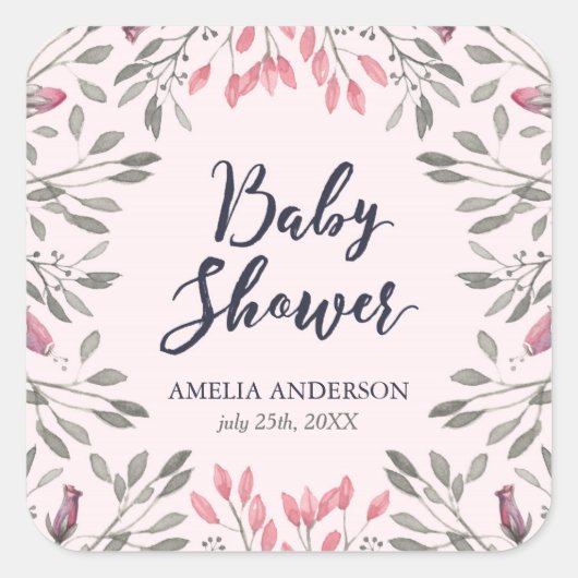 Elegant roze rozen Baby shower Vierkante Sticker (Voorkant)