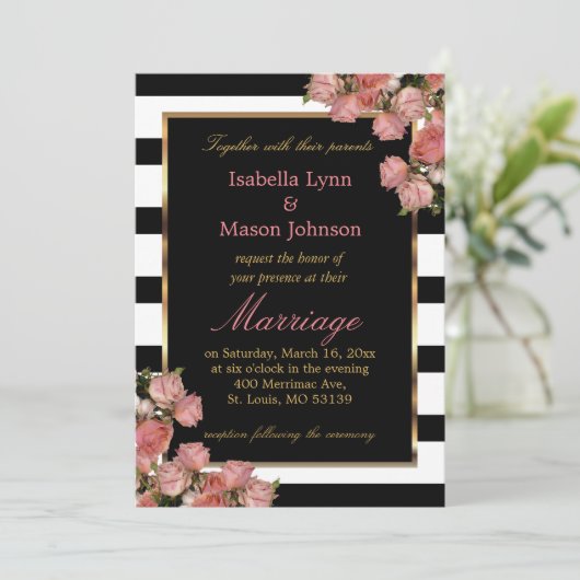 Elegant roze Rozen Black & White Stripes Kaart (Staand voorkant)