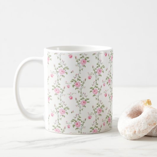 Elegant roze rozen bloemen patroon koffiemok (Met donut)
